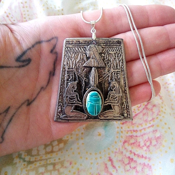 Vintage Jewelry - 🖤❤ Vintage Turquoise Scarab Egyptian Pendant Necklace!